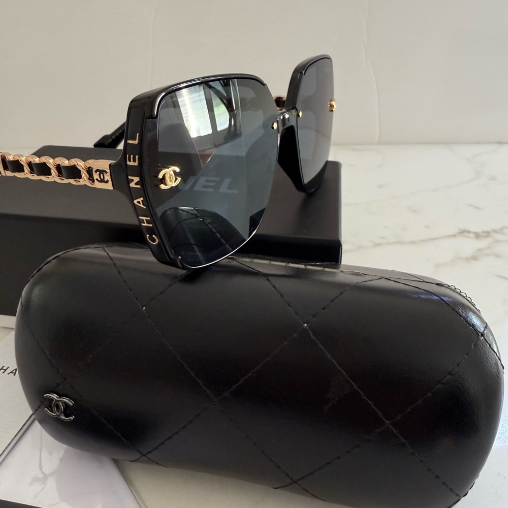 Chanel Black and Gold Sunglasses with Quilted Case